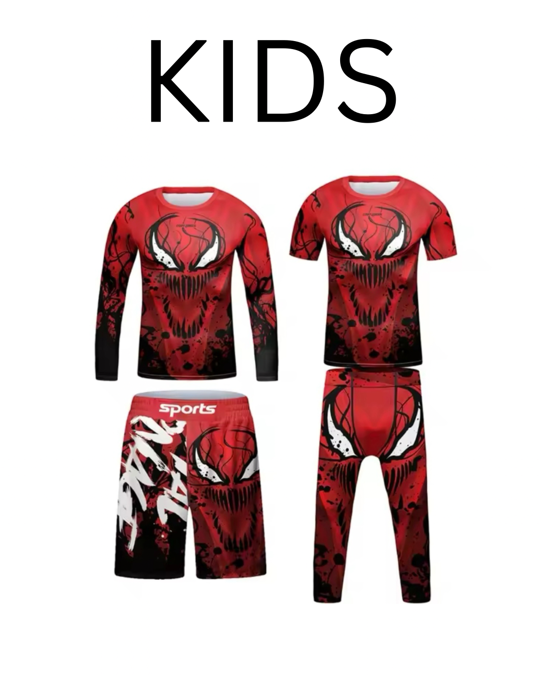 Red Carnage Premium BJJ No Gi / MMA Set. Rash Guard, Shorts & Spats