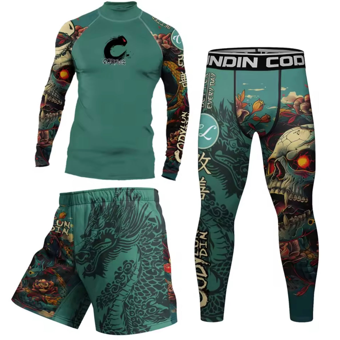 Skull & Dragon Premium BJJ No Gi / MMA Set. Rash Guard, Shorts & Spats
