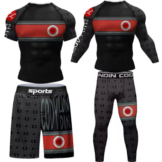 Black & Red Premium BJJ No Gi / MMA Set. Rash Guard, Shorts & Spats