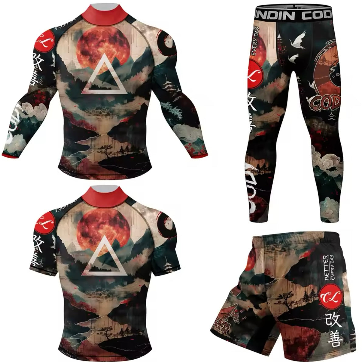 Scenic Roller Premium High Neck BJJ No Gi / MMA Set. Rash Guard, Shorts & Spats