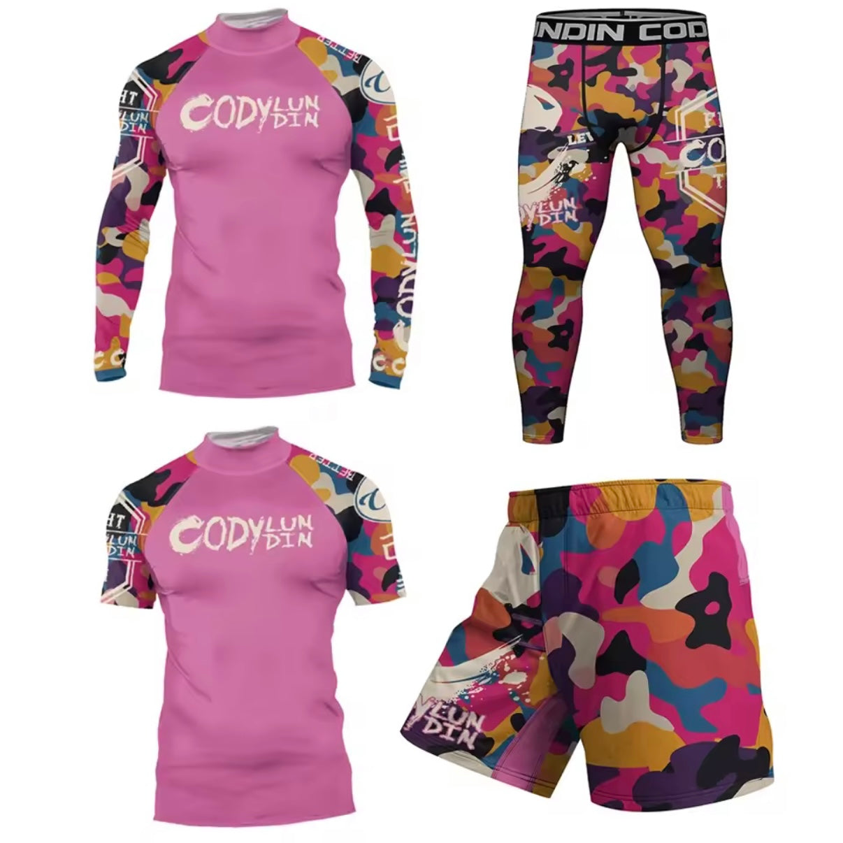 Pink Splash Premium High Neck BJJ No Gi / MMA Set. Rash Guard, Shorts & Spats