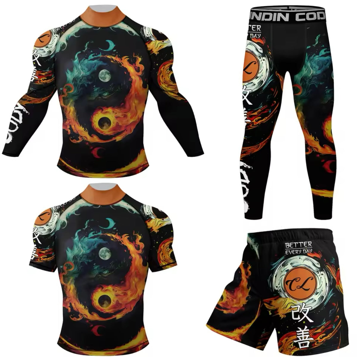 Fire Yin Yang Premium High Neck BJJ No Gi / MMA Set. Rash Guard, Shorts & Spats