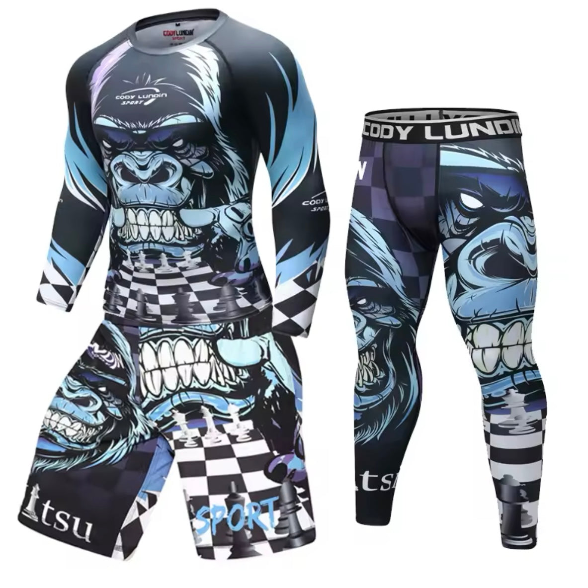 Gorilla Chess Premium BJJ No Gi / MMA Set. Rash Guard, Shorts & Spats