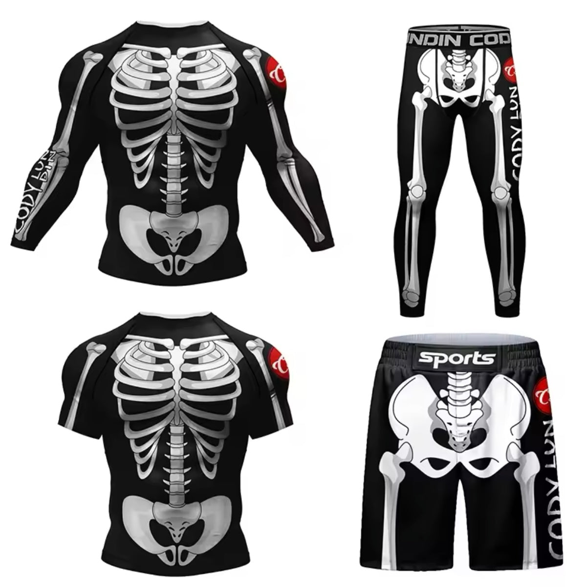 Skeleton Premium BJJ No Gi / MMA Set. Rash Guard, Shorts & Spats