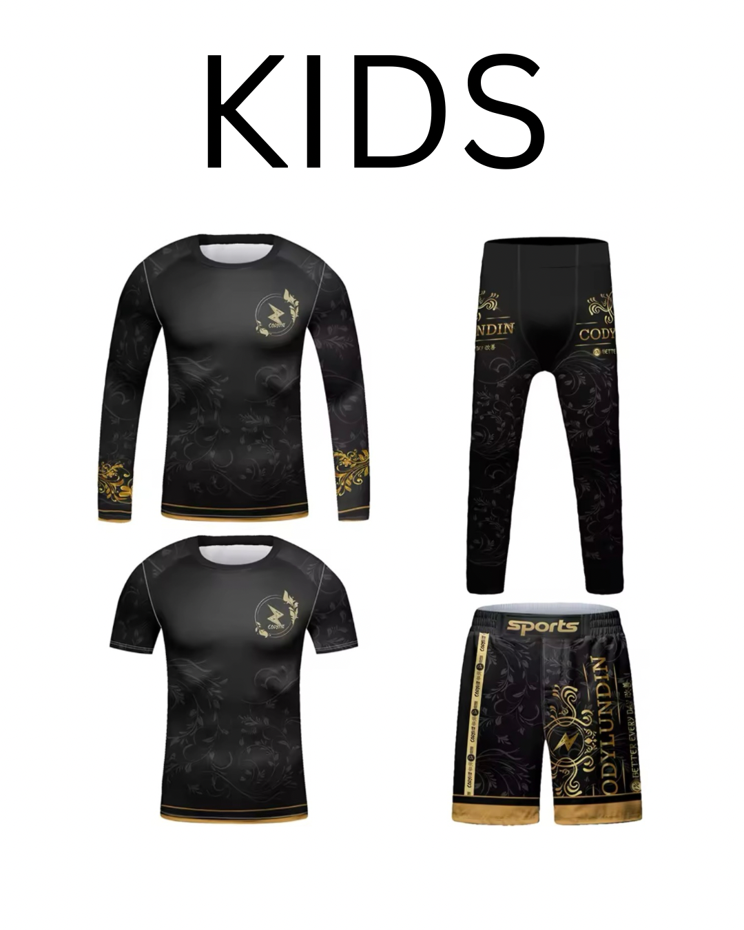Black & Gold Premium BJJ No Gi / MMA Set. Rash Guard, Shorts & Spats