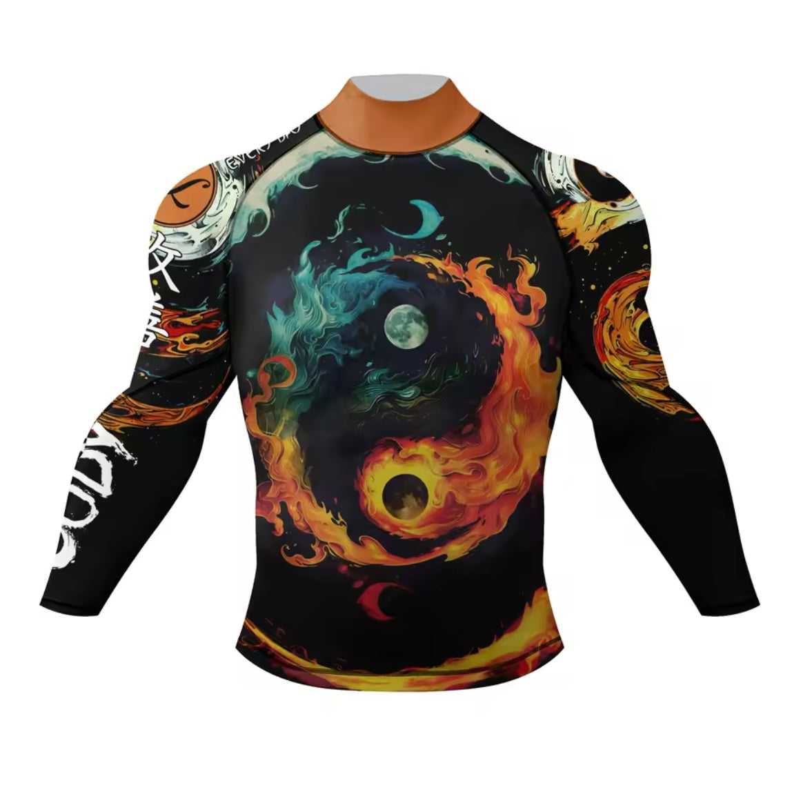 Fire Yin Yang Premium High Neck BJJ No Gi / MMA Set. Rash Guard, Shorts & Spats