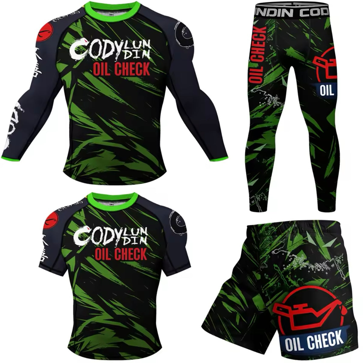 Oil Check Premium BJJ No Gi / MMA Set. Rash Guard, Shorts & Spats