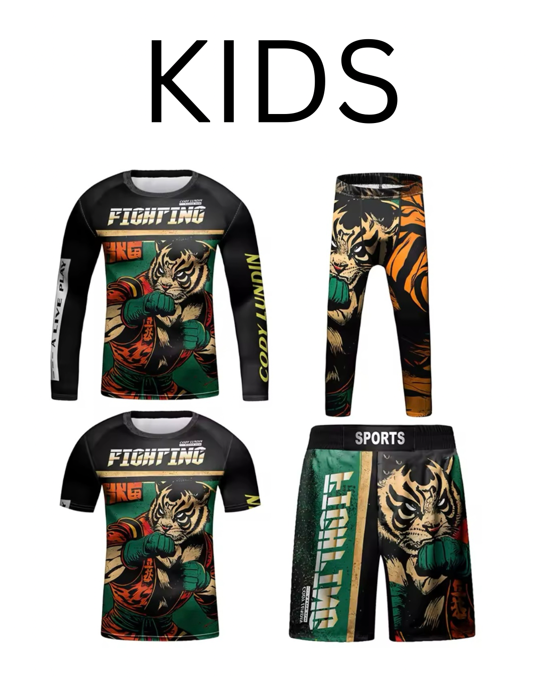 Fighting Tiger Premium BJJ No Gi / MMA Set. Rash Guard, Shorts & Spats