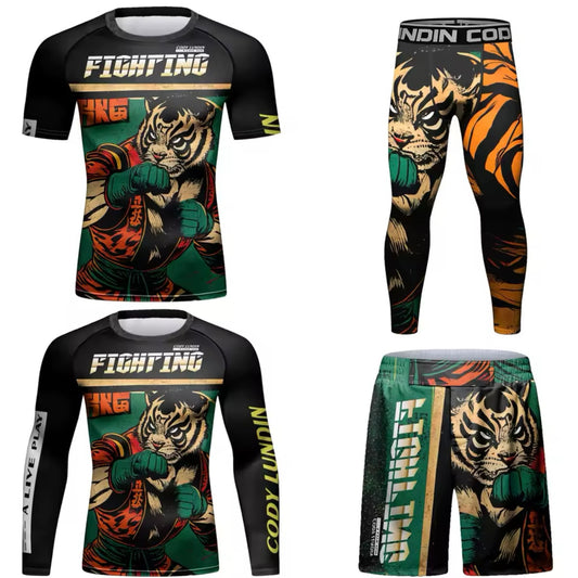 Fighting Tiger Premium BJJ No Gi / MMA Set. Rash Guard, Shorts & Spats