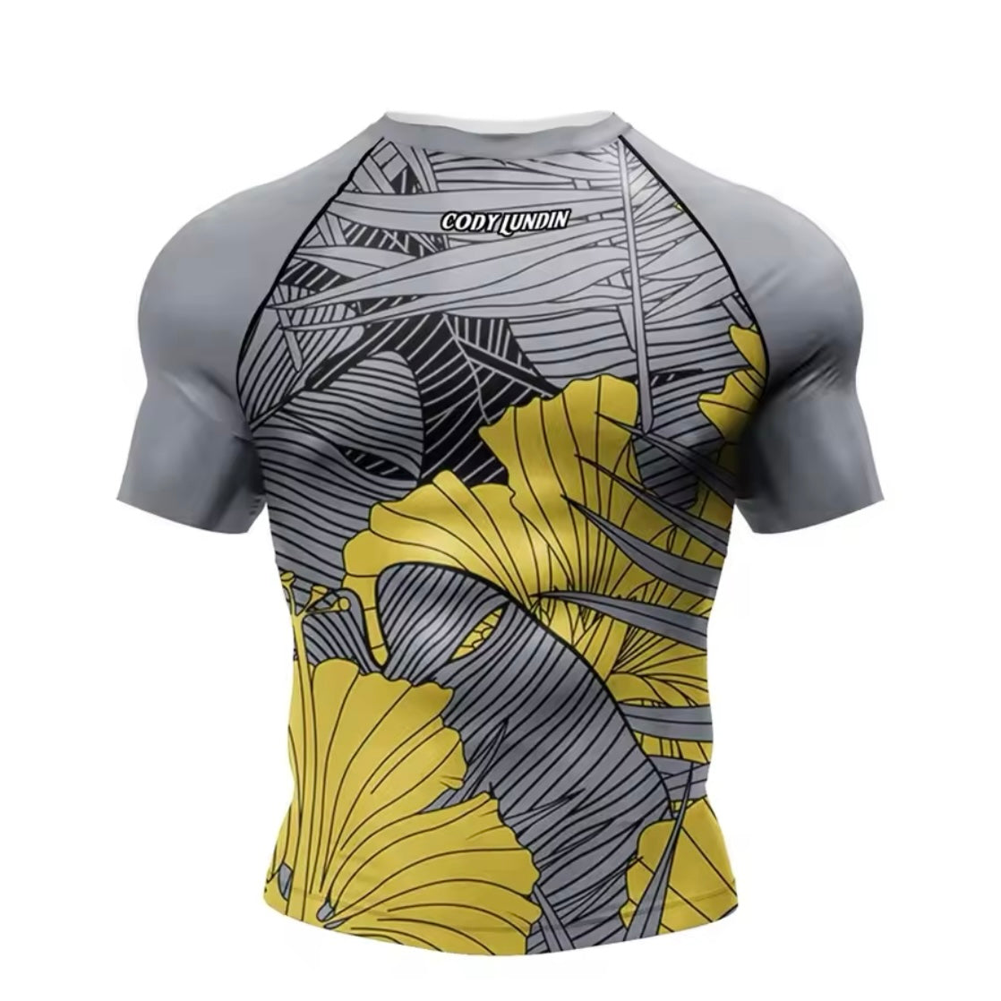 Grey & Yellow Flower Premium BJJ No Gi / MMA Set. Rash Guard, Shorts & Spats