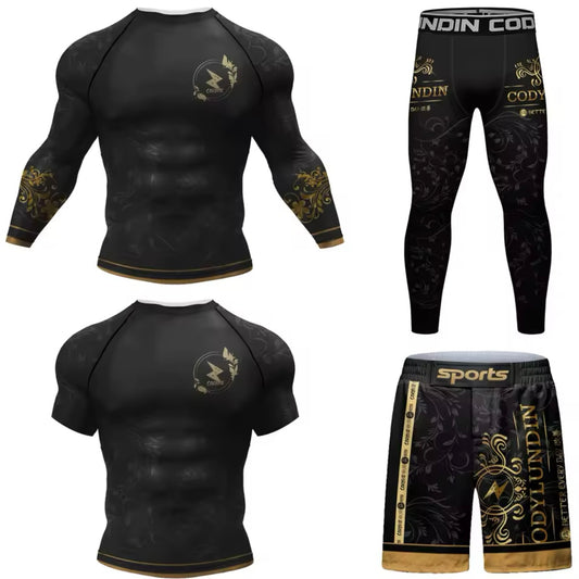 Black & Gold Premium BJJ No Gi / MMA Set. Rash Guard, Shorts & Spats