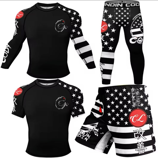 Black USA Premium BJJ No Gi / MMA Set. Rash Guard, Shorts & Spats