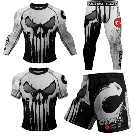 White Skull Premium BJJ No Gi / MMA Set. Rash Guard, Shorts & Spats