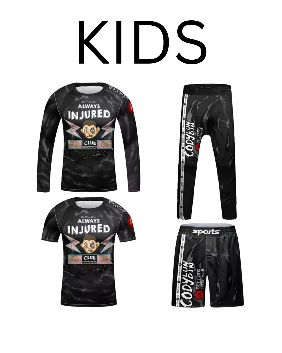 Always Injured Premium BJJ No Gi / MMA Set. Rash Guard, Shorts & Spats