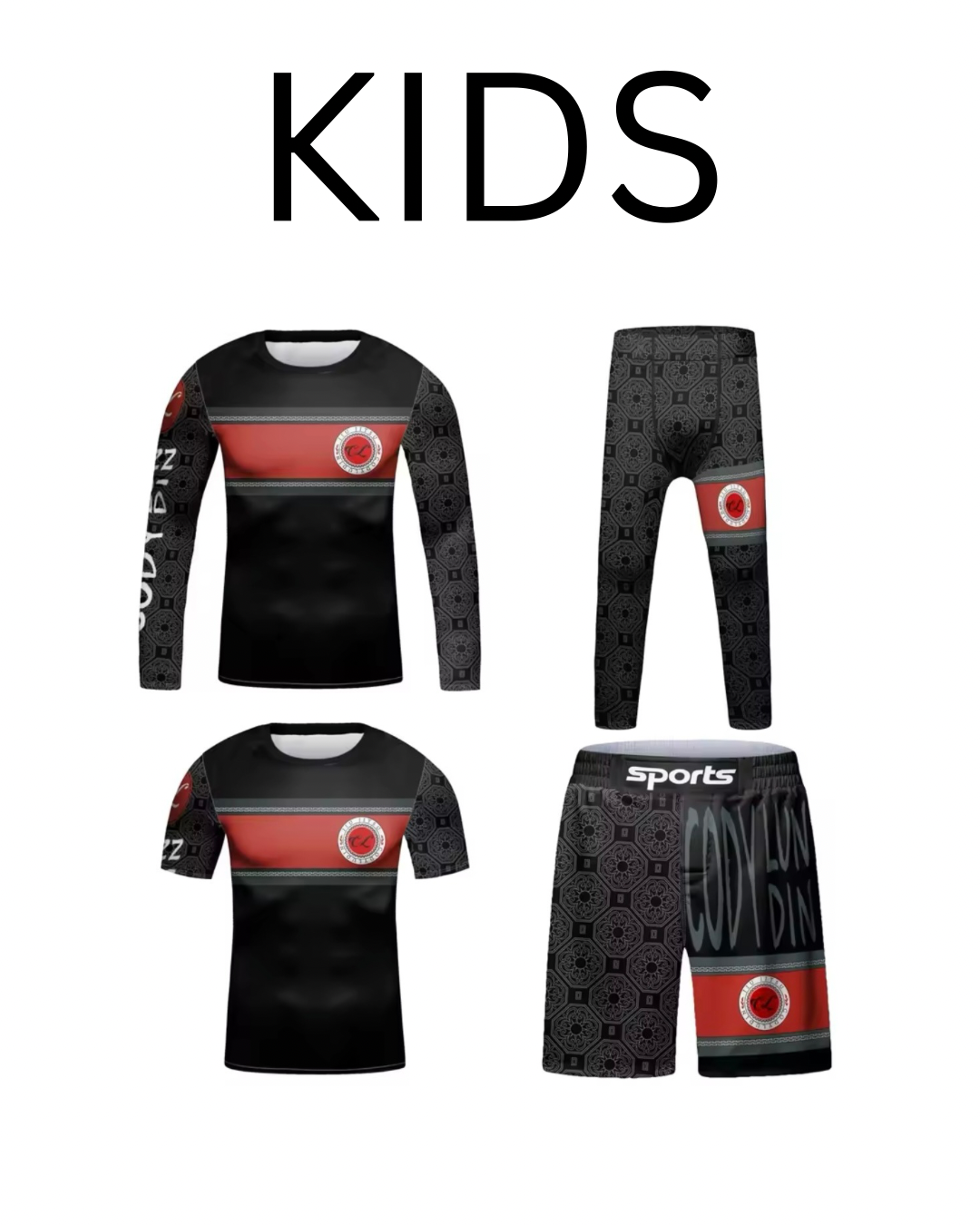 Black & Red Premium BJJ No Gi / MMA Set. Rash Guard, Shorts & Spats