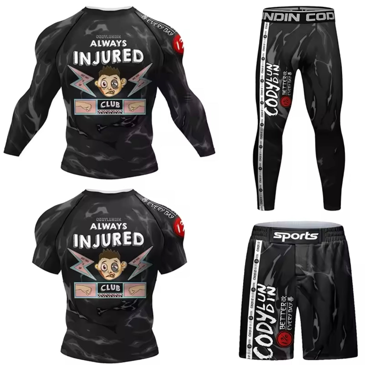 Always Injured Premium BJJ No Gi / MMA Set. Rash Guard, Shorts & Spats