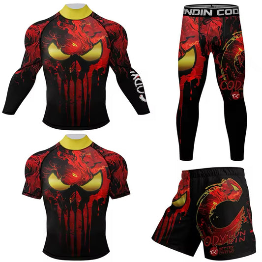 Red Skull Premium High Neck BJJ No Gi / MMA Set. Rash Guard, Shorts & Spats