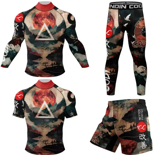 Scenic Roller Premium High Neck BJJ No Gi / MMA Set. Rash Guard, Shorts & Spats