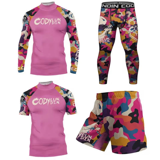 Pink Splash Premium High Neck BJJ No Gi / MMA Set. Rash Guard, Shorts & Spats
