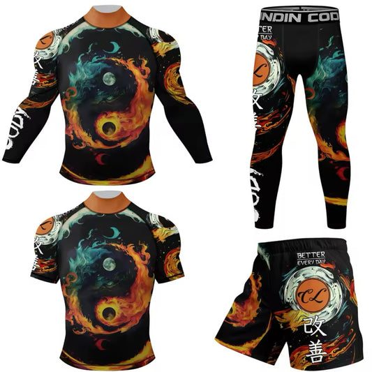 Fire Yin Yang Premium High Neck BJJ No Gi / MMA Set. Rash Guard, Shorts & Spats