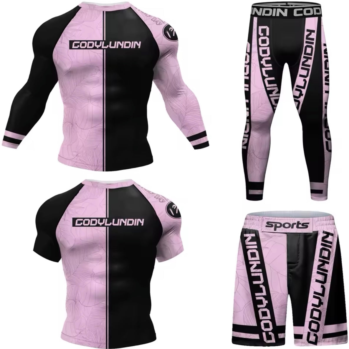 Black & Pink Premium BJJ No Gi / MMA Set. Rash Guard, Shorts & Spats