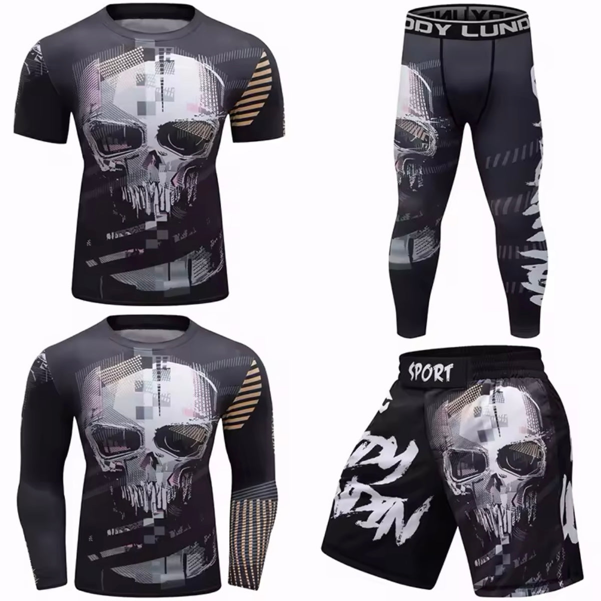 Skull Premium BJJ No Gi / MMA Set. Rash Guard, Shorts & Spats