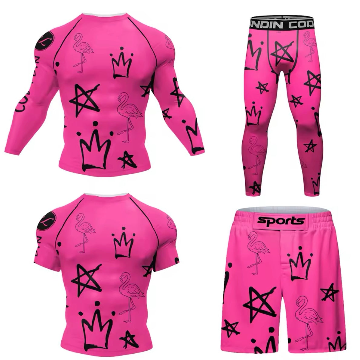 Pink Flamingo Premium BJJ No Gi / MMA Set. Rash Guard, Shorts & Spats