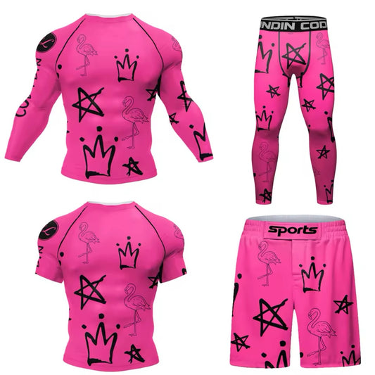 Pink Flamingo Premium BJJ No Gi / MMA Set. Rash Guard, Shorts & Spats