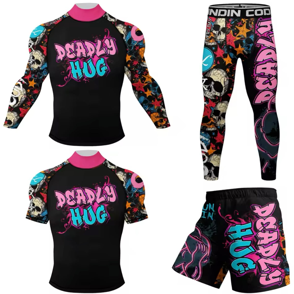 Deadly Hug Premium High Neck BJJ No Gi / MMA Set. Rash Guard, Shorts & Spats