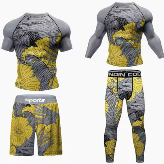Grey & Yellow Flower Premium BJJ No Gi / MMA Set. Rash Guard, Shorts & Spats