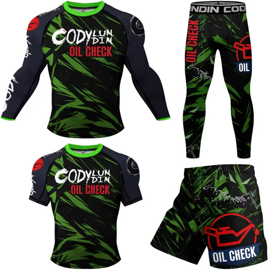Oil Check Premium BJJ No Gi / MMA Set. Rash Guard, Shorts & Spats