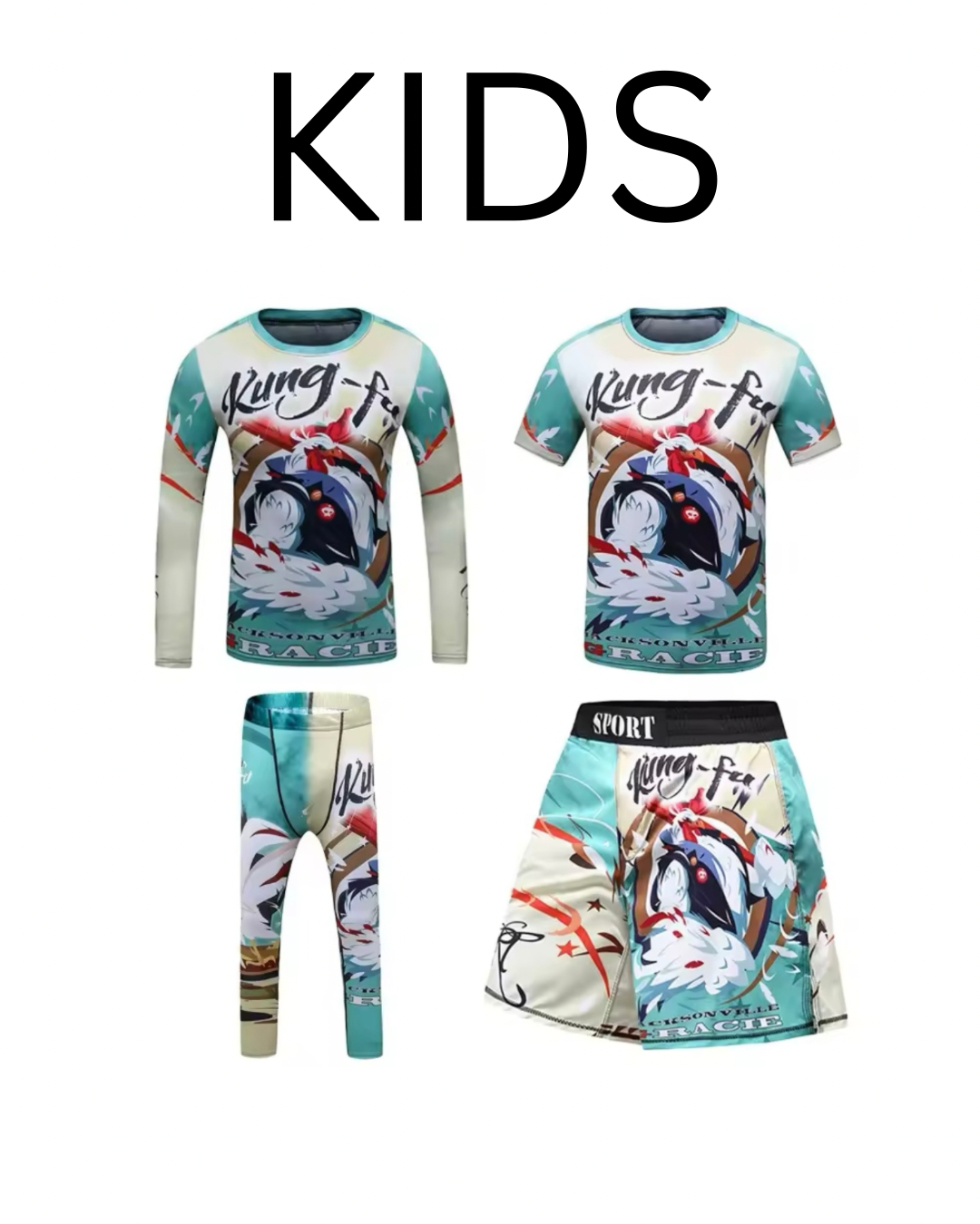 Kung Fu Chicken Premium BJJ No Gi / MMA Set. Rash Guard, Shorts & Spats