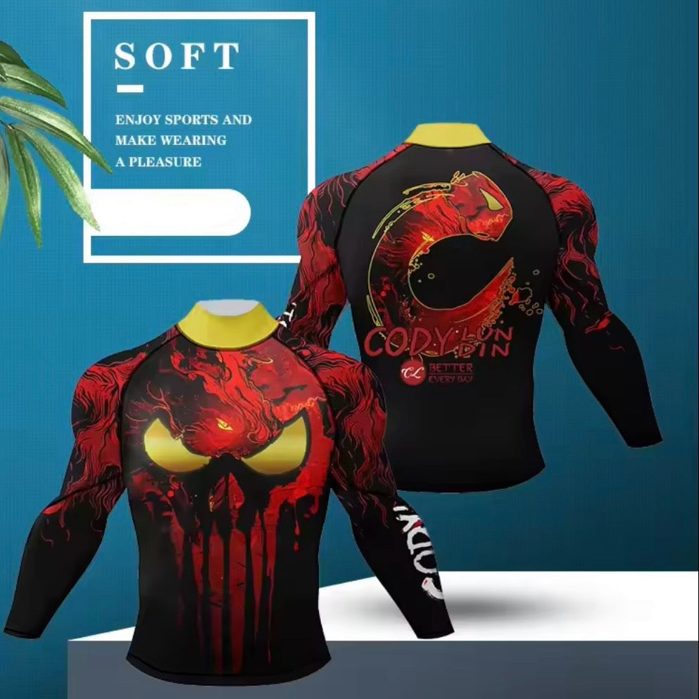 Red Skull Premium BJJ / MMA High Neck Rash Guard - LONG & SHORT SLEEVE VARIATIONS