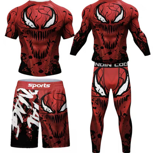 Red Carnage Premium BJJ No Gi / MMA Set. Rash Guard, Shorts & Spats